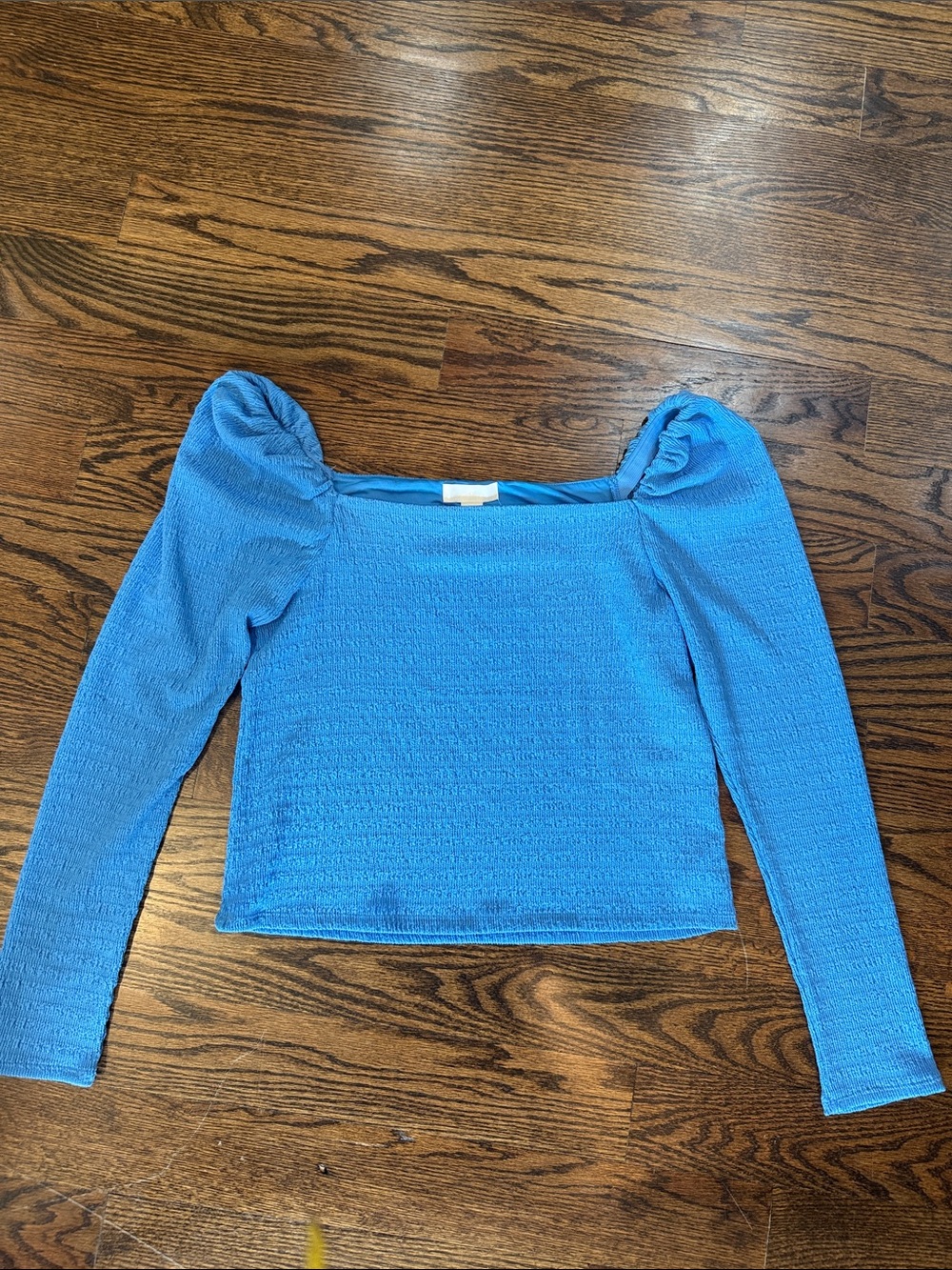 H&M Blue Square-Neck Smocked Long-Sleeve Blouse with Puff Sleeves M